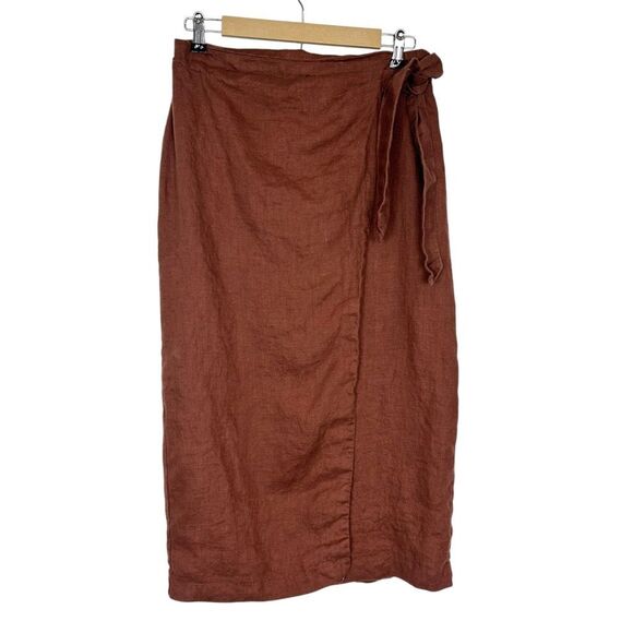 MNG Mango Midi Skirt Linen wrap Large Brown  Curved Tie Front Pencil Minimal L - Picture 2 of 16